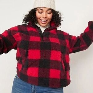 Old Navy Sherpa Buffalo Plaid Red Black Pullover 1/4 Zip Women's size XXL